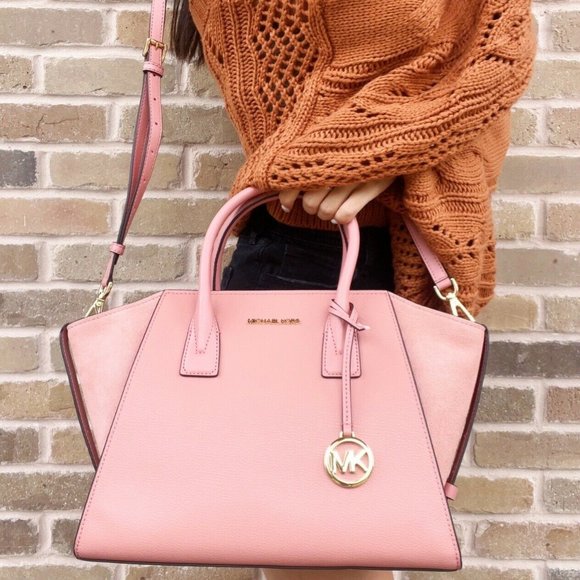 Michael Kors Avril Large Top Zip Satchel Shoulder Crossbody Bag Pink Rose Suede - Picture 4 of 6